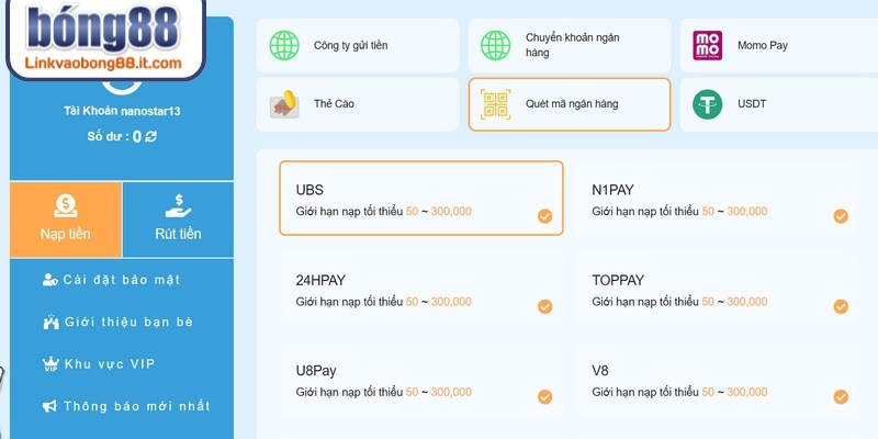 Nạp tiền BONG88 đơn giản, linh hoạt, thời gian xử lý cực kỳ nhanh