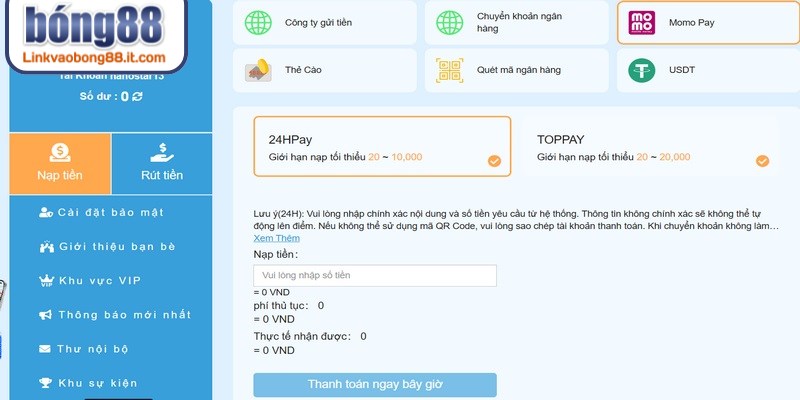 Phương thức nạp tiền BONG88 bằng ứng dụng ví điện tử miễn phí