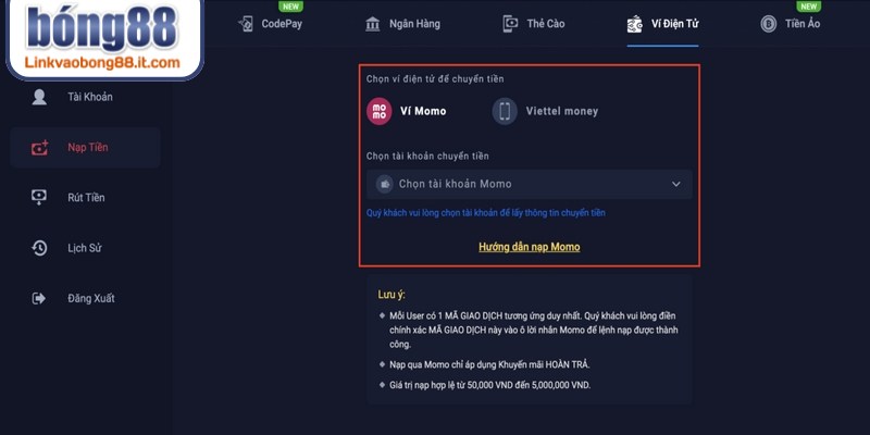 Các bước nạp tiền BONG88 ví điện tử chi tiết, cụ thể nhất